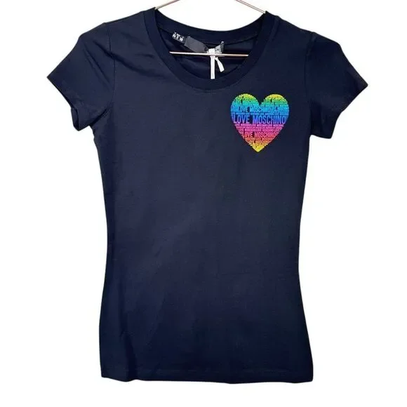 NEW Love Moschino Rainbow Foil Heart Logo Tee Black Size 2 - Picture 5 of 10